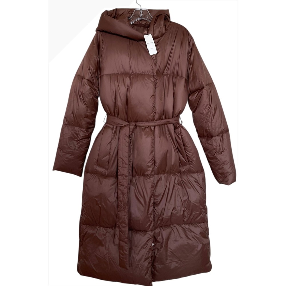 Abercrombie & Fitch Womens Long Belted Puffer Parka‎ Jacket Small Hooded Brown